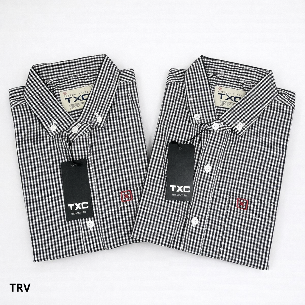 Camisa Country TXC Xadrez Preto e Branco Bordado Vermelho