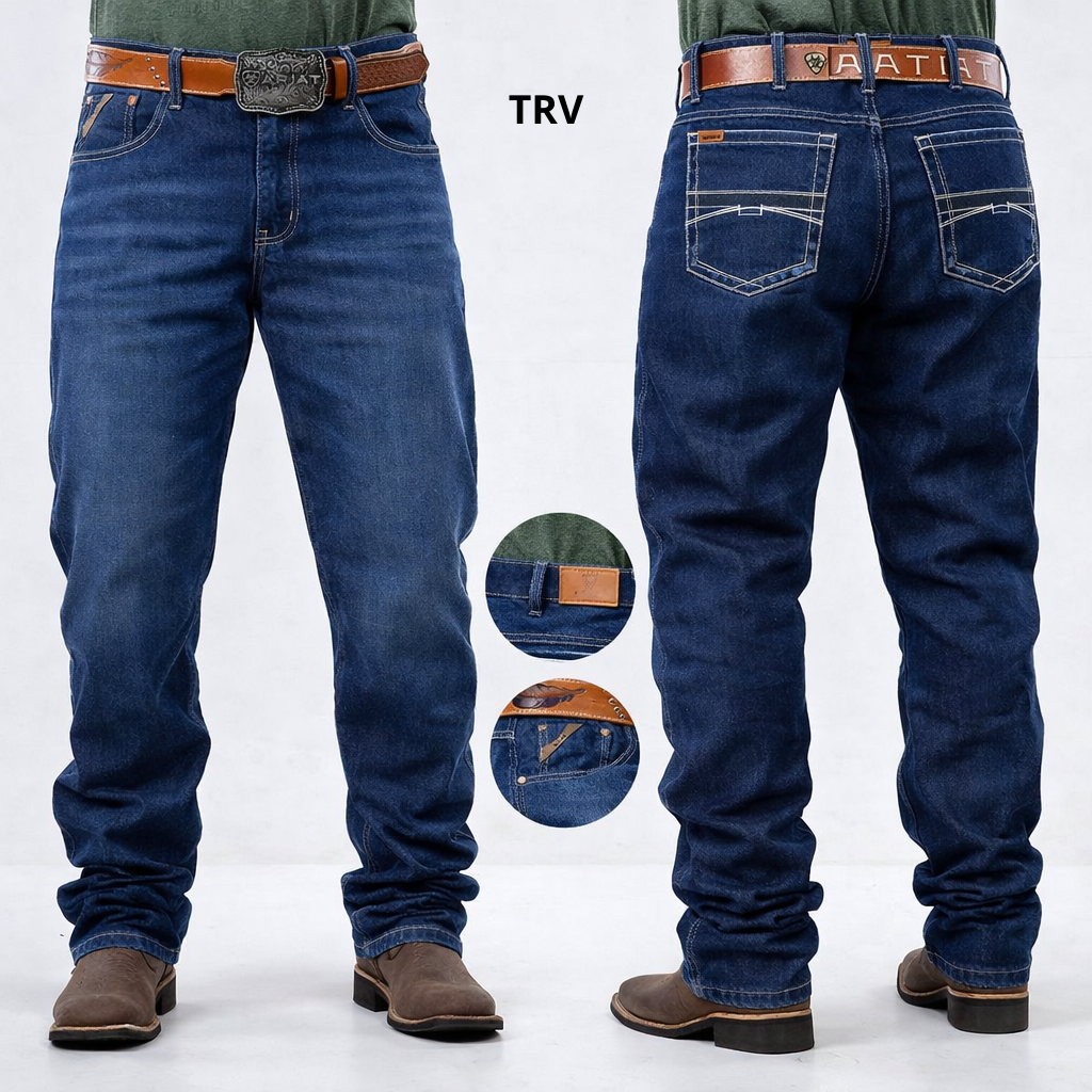 Calça Jeans Country Ariat Azul Médio Bordado Branco