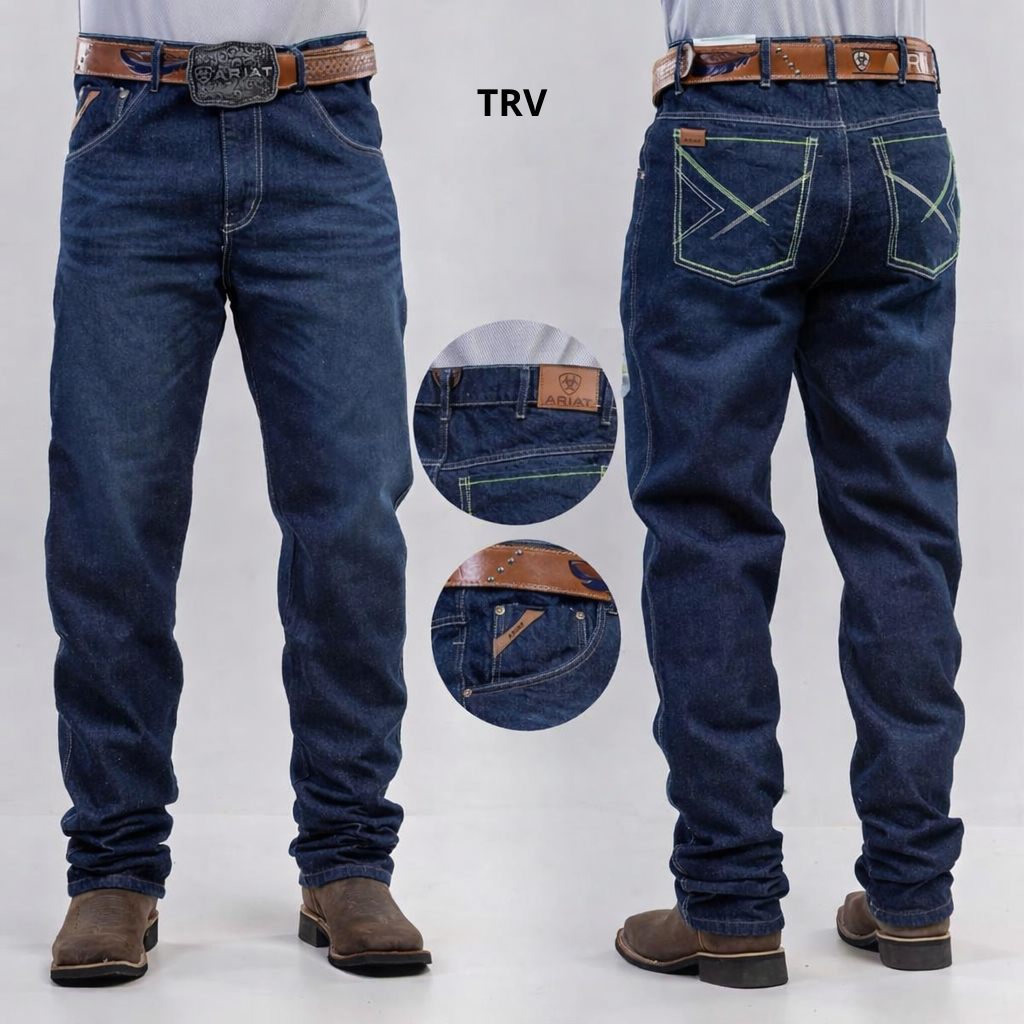 Calça Jeans Country Ariat Azul Escuro Bordado Verde Neon